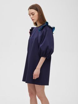 Платье с воланами темно-синего цвета с разноцветной отделкой