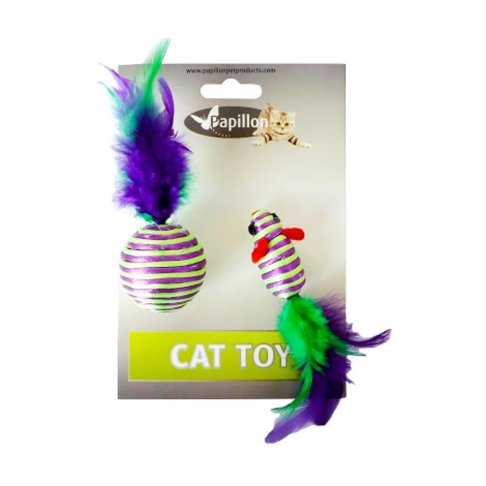 Игрушка для кошек мышка и мячик с перьями 5 4см, в полоску, текстиль