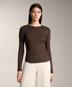 Oysho Футболка в рубчик с длинными рукавами из хлопка и модала, коричневый