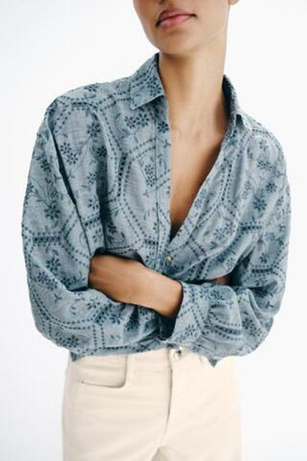 ZARA РУБАШКА С АЖУРНОЙ ВЫШИВКОЙ, СИНИЙ