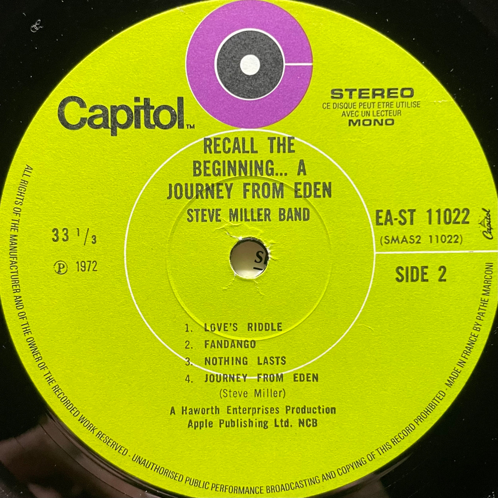 Steve Miller Band ‎– Recall The Beginning .. A Journey From Eden (Англия)