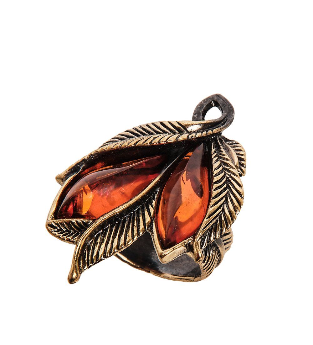 AM-2429 Кольцо «Винтажный лист» (латунь, янтарь)