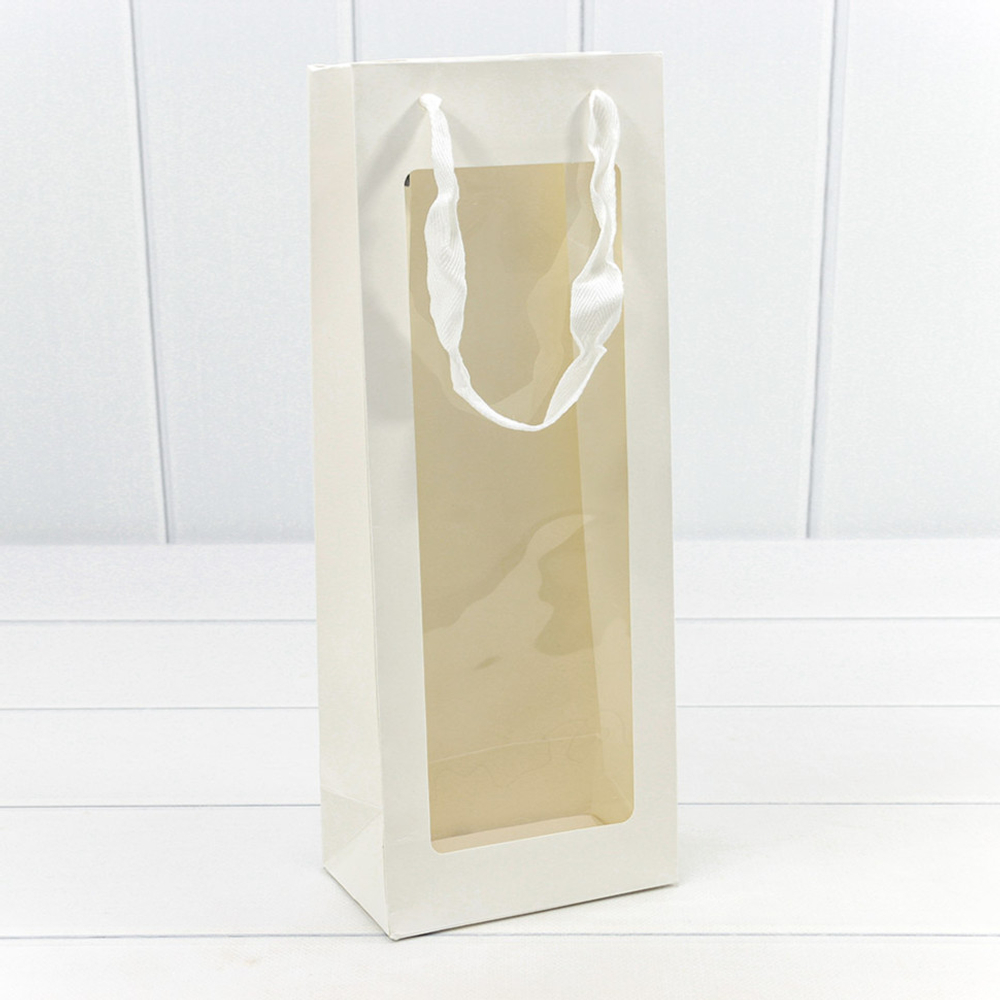 Пакет подарочный Под бутылку 13х24х8см с окошком (Белый)