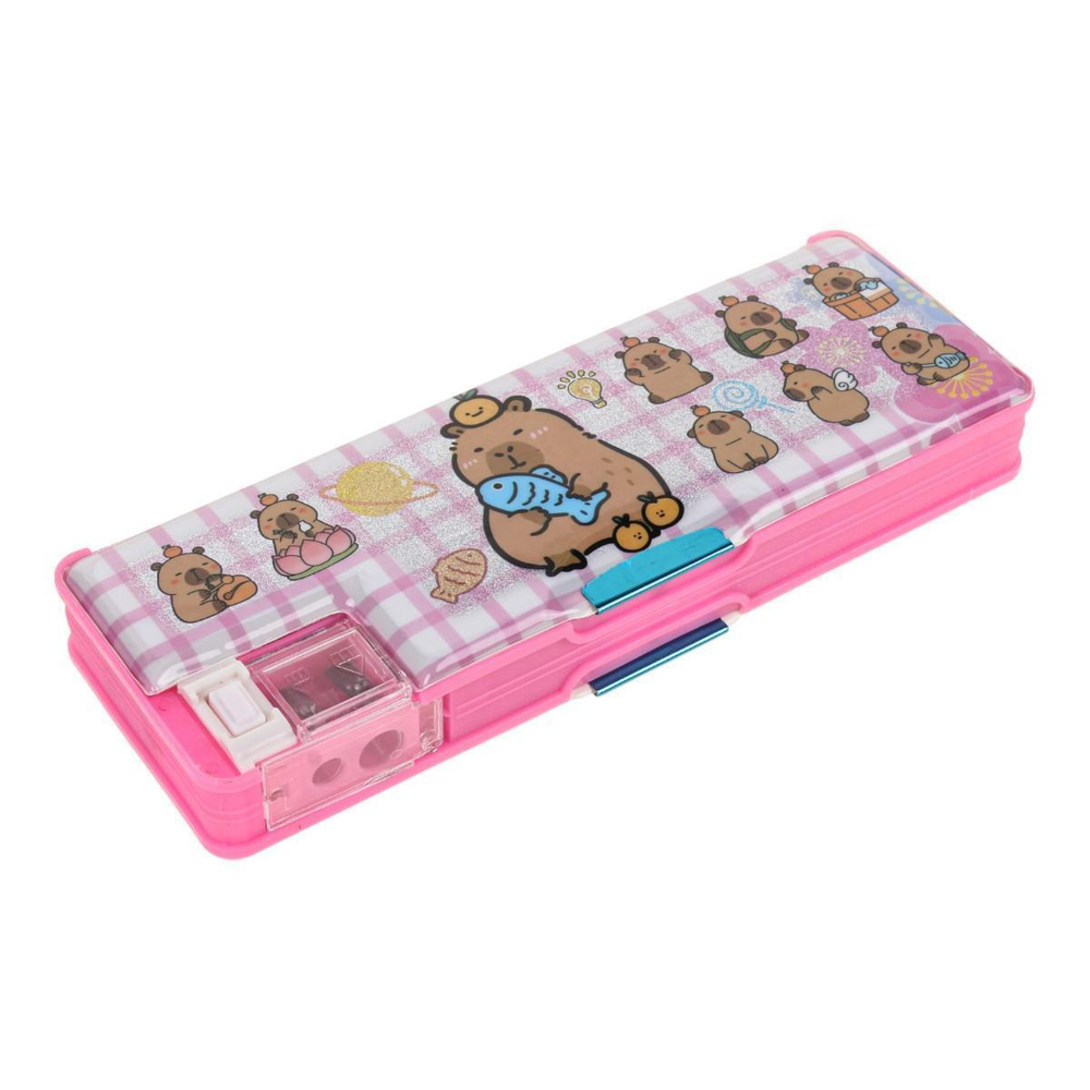 Пенал пластиковый "Капибара" с блестками, 2 отв., с точилкой, 3 вида микс