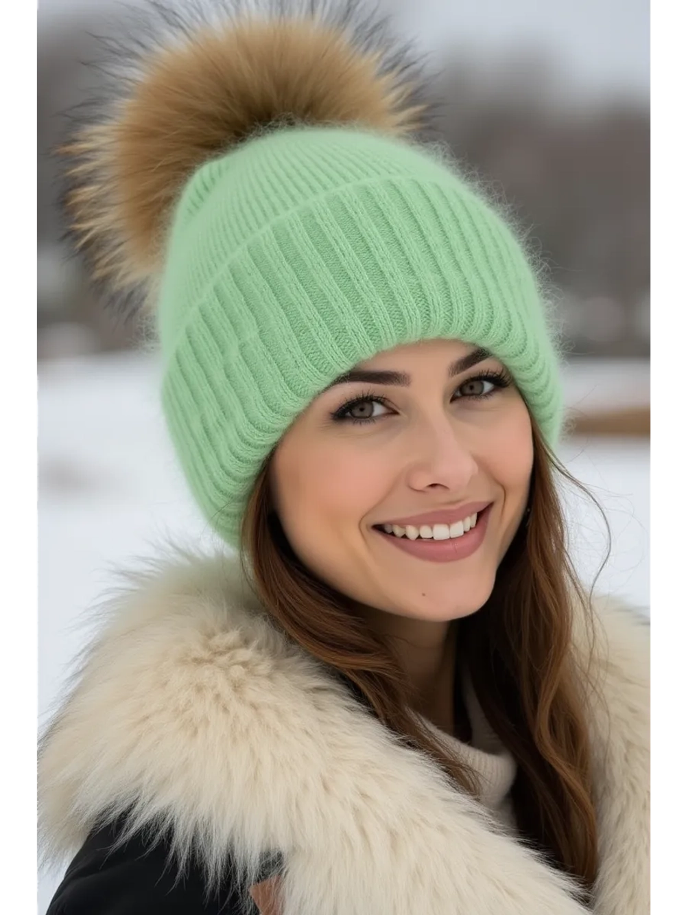 шапка ангора с меховым помпоном зимняя пушистая стильная