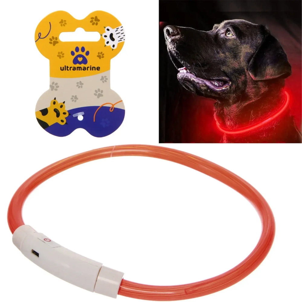 Ошейник неоновый для собак средних пород «Защита Бро», цвет красный, зарядка от USB, шнур в комплекте, размер M - d 50см (пакет с подвесом)