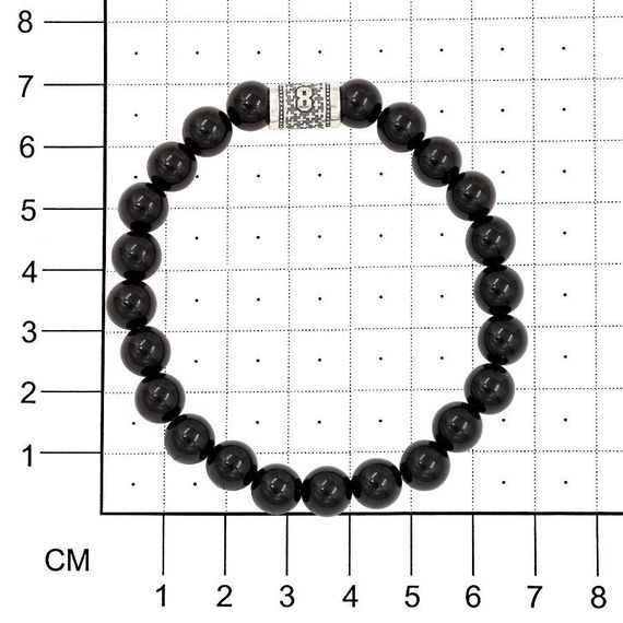 Браслет на руку из натурального черного кварца с шармом число 8 на размерной сетке