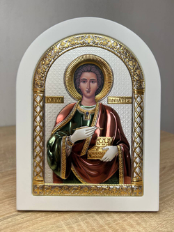 Пантелеймон, икона арочная, белое дерево, эмаль 175х225