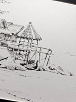 Картина, графика в паспарту 21х30 см на стену для интерьера "Хижины на сваях"