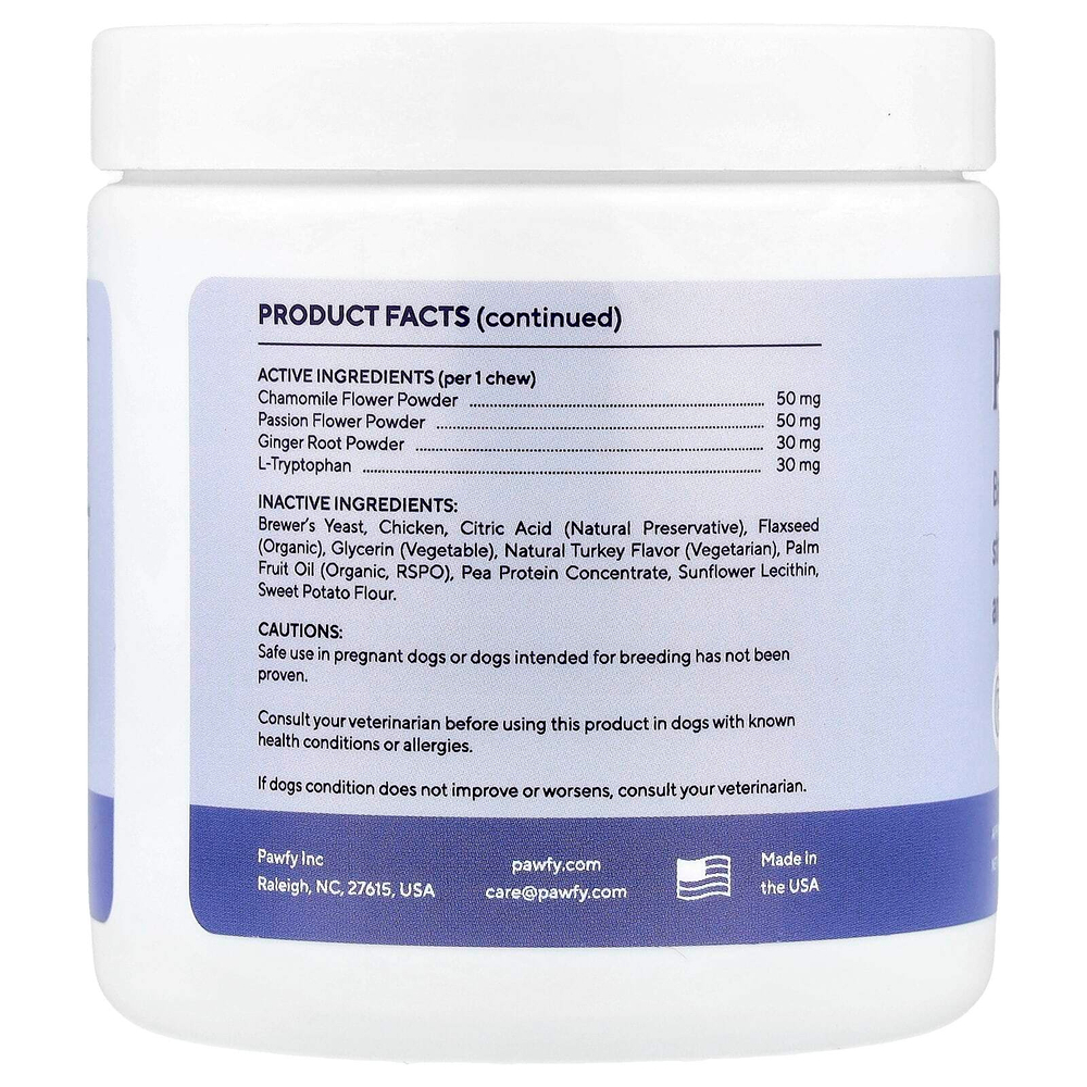 Pawfy, Успокаивающее, для собак, для детей старше 6 месяцев, для индейки, прибл. 45 жевательных таблеток, 113 г (4 унции)