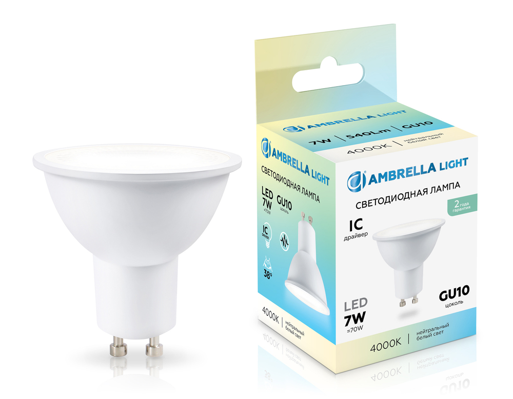Лампа светодиодная 190714 LED MR16 7W IC GU10 4000K 175-265V 38°