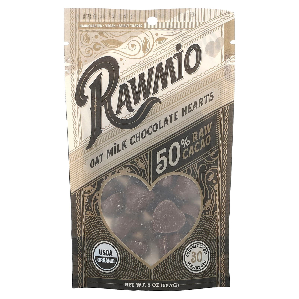 Rawmio, Сердечки из овсяного молочного шоколада, 50% сырого какао, 56,7 г (2 унции)