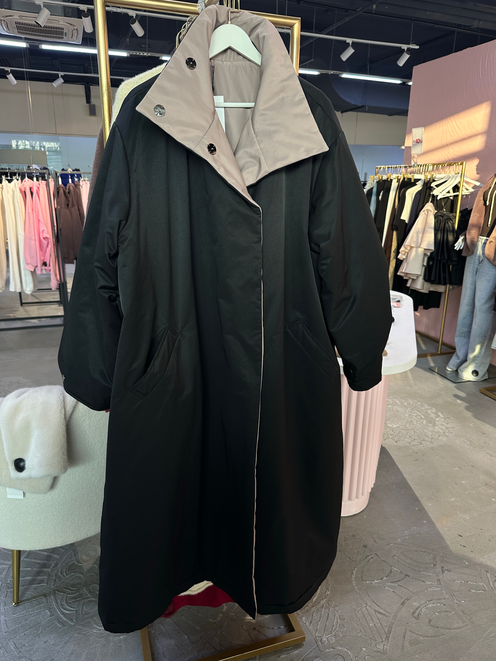 Плащ MAXI DOUBLE утепленный (черный/бежевый)