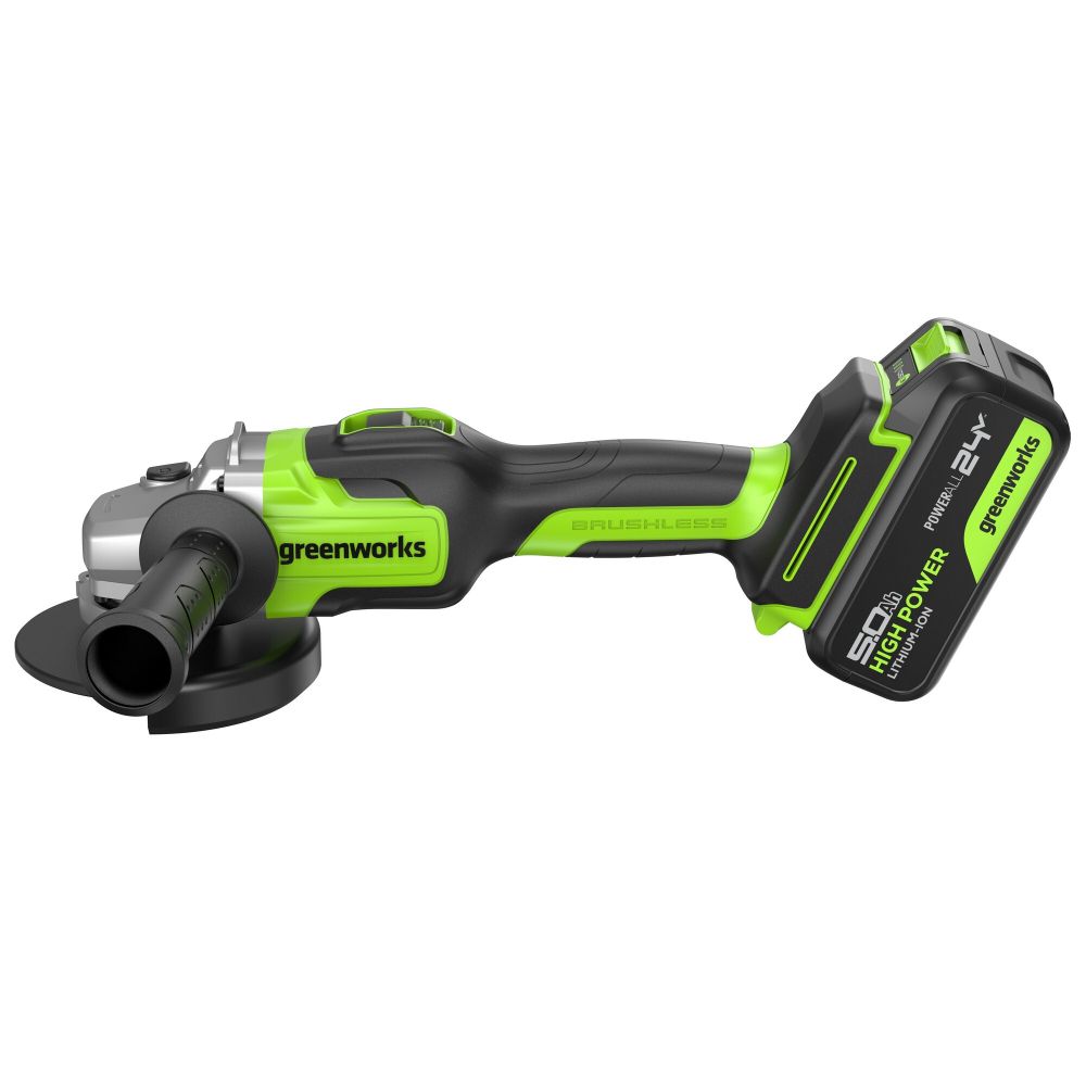 Угловая шлифовальная машина акк. Greenworks GD24AG, 24V, б/щет, 125 мм, 10500 об/мин,1x5Ач,быстрое ЗУ,кор (3200207CUG)