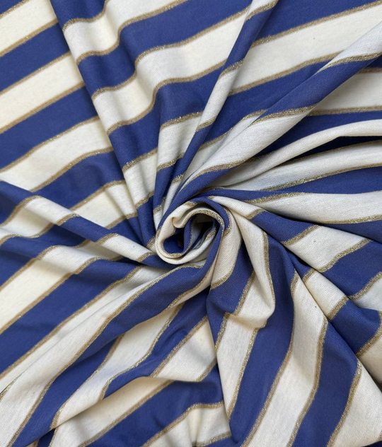 Трикотаж принт полоска, синий/молочный, люрекс, хлопок IDT