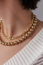 Колье Твин 2 ряда золотого жемчуга и цепь ролло, оттенок золото