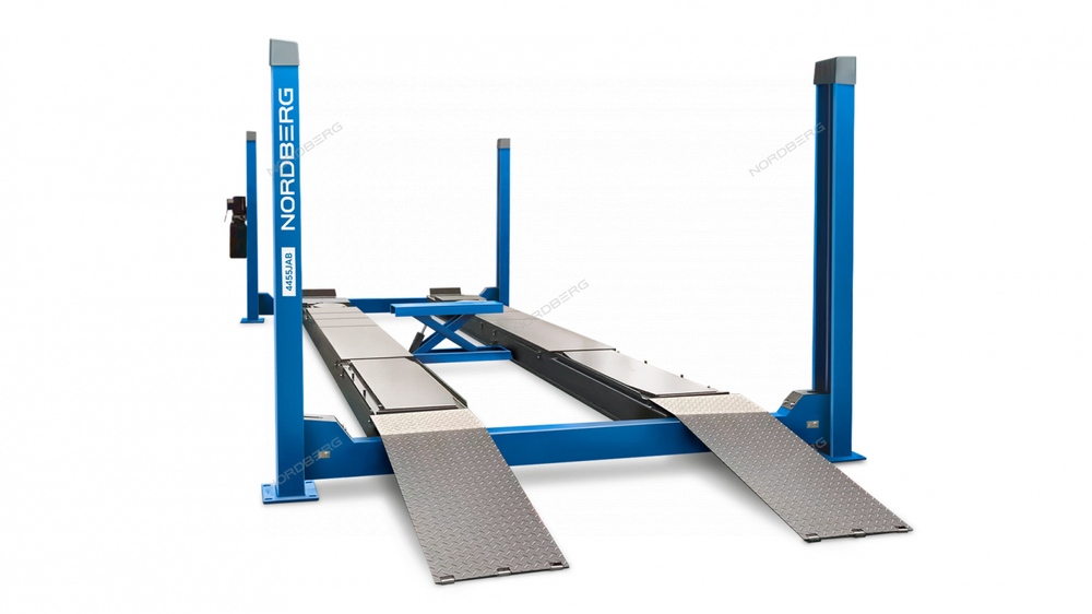 Подъемник четырехстоечный 5.5т, с пневмогидравлической траверсой 2.7т, для сход-развала, 380В, синий NORDBERG 4455JAB