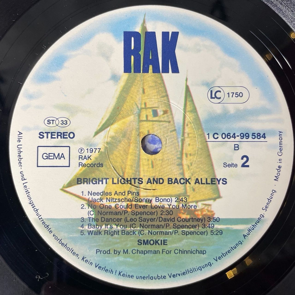 Винтажная виниловая пластинка LP Smokie Смоуки Bright Lights and Back Alleys (Germany 1977)