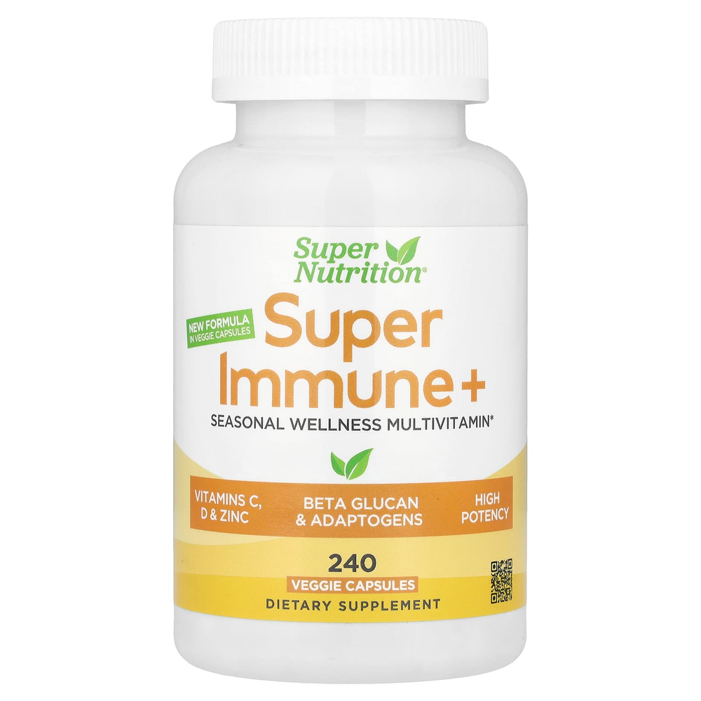 Super Nutrition, Super Immune+, мультивитамины с суперадаптогенами, витаминами C и D, цинком и бета-глюканом, 240 вегетарианских капсул