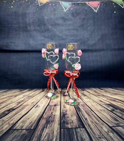 Свадебные бокалы , золото с розовым, Совет да любовь, матовые