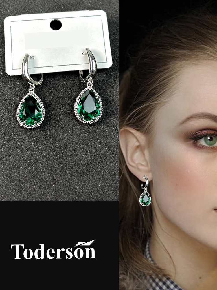Серьги бижутерия Toderson  “Изумрудная корона”,  под серебро с крупным, зеленым камнем (Резерв_79_)