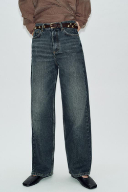 ZARA ДЖИНСЫ Z1975 С ВЫСОКОЙ ПОСАДКОЙ, ЗАУЖЕННЫЕ КНИЗУ, С РЕМНЕМ, ИНДИГО