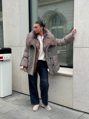 Комбинированный пуховик с шерстяными вставками в цвете капучино