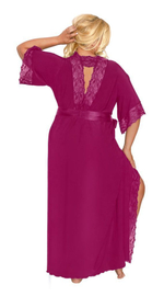 Длинный пеньюар с изящным кружевом и атласным поясом (Размер: XL) (Цвет: черный)