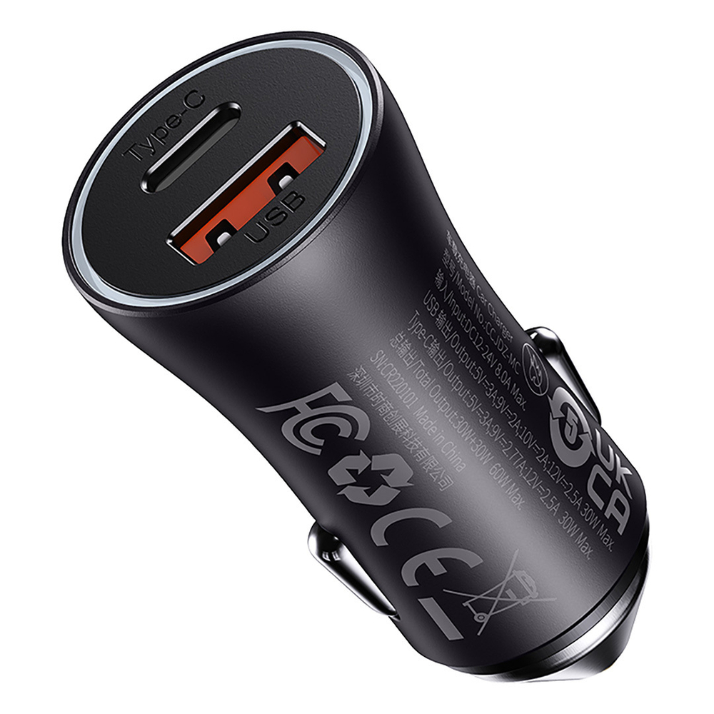 Автомобильная зарядка Baseus Golden Contactor Max Dual Fast Charger Car Charger U+C 60W - Dark Gray