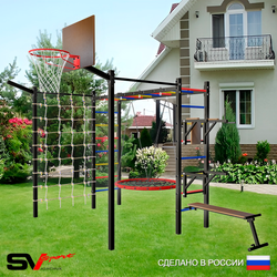 Уличная шведская стенка Sv Sport рукоход с комплектом турник прямой 2шт У5537.1К (Брусья/Стойка/Скамья/Гнездо 100см/Щит баскет/Кронш бокс/Сетка)