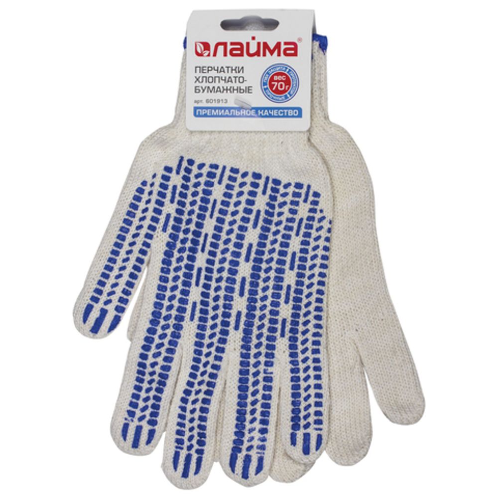 Перчатки х/б, 1 ПАРА, 7 класс, 70г, 233текс, ПВХ протетор, LAIMA ПРЕМИУМ, европодвес, БЕЛЫЕ, 601913