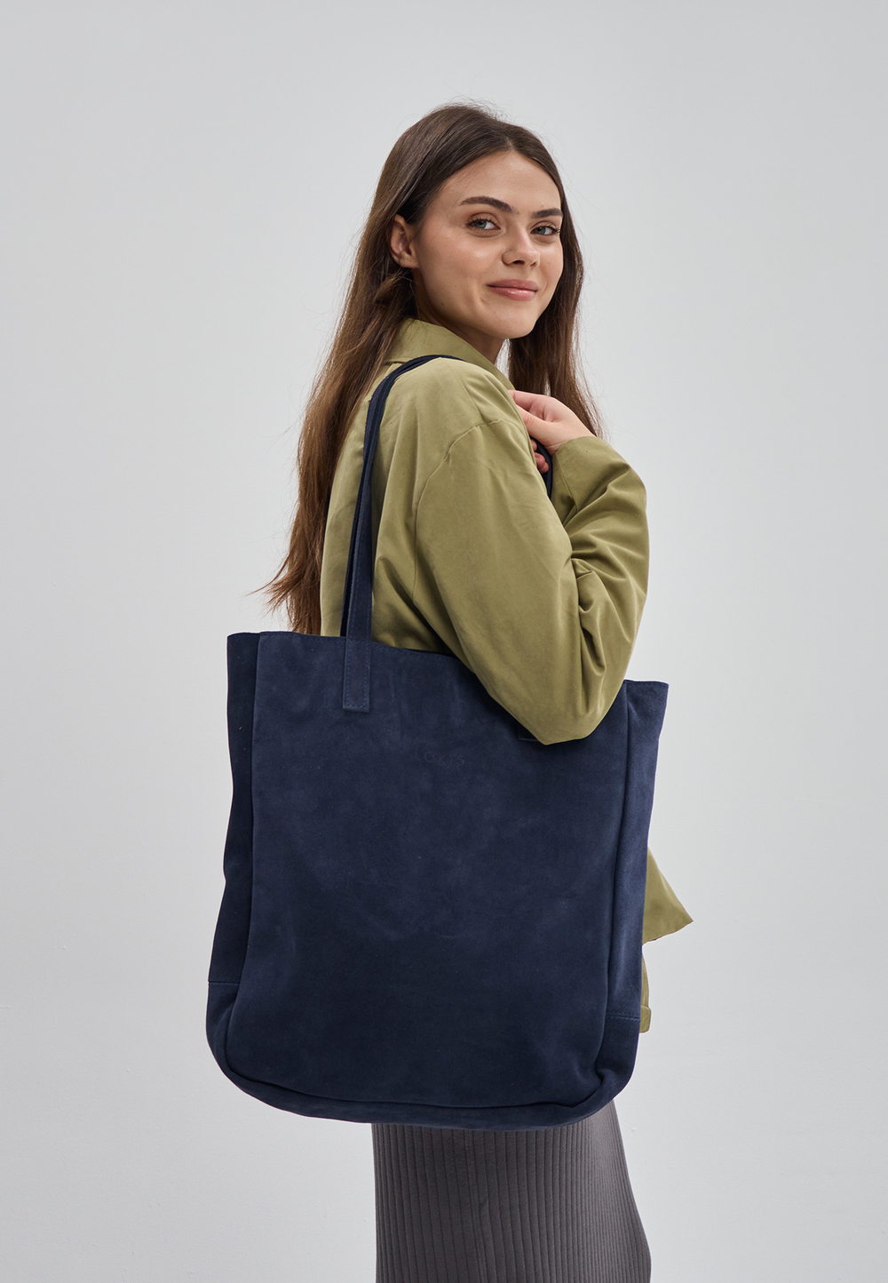 сумка шоппер темно-синий океан на молнии замша