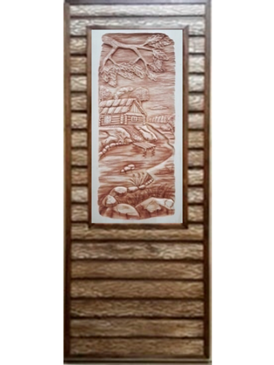 Дверь глухая состаренная с 3D панно "Баня, дуб" 1100х400