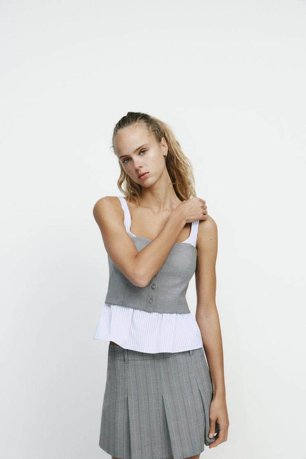 ZARA КОМБИНИРОВАННЫЙ ТОП ИЗ ПОПЛИНА В ПОЛОСКУ, СЕРЫЙ С МЕЛАНЖЕВЫМ ЭФФЕКТОМ