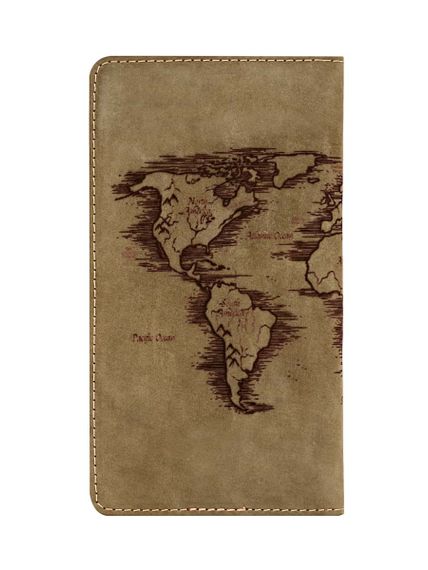 Фото функционального кошелька Карта мира из зеленого нубука, вид сзади.