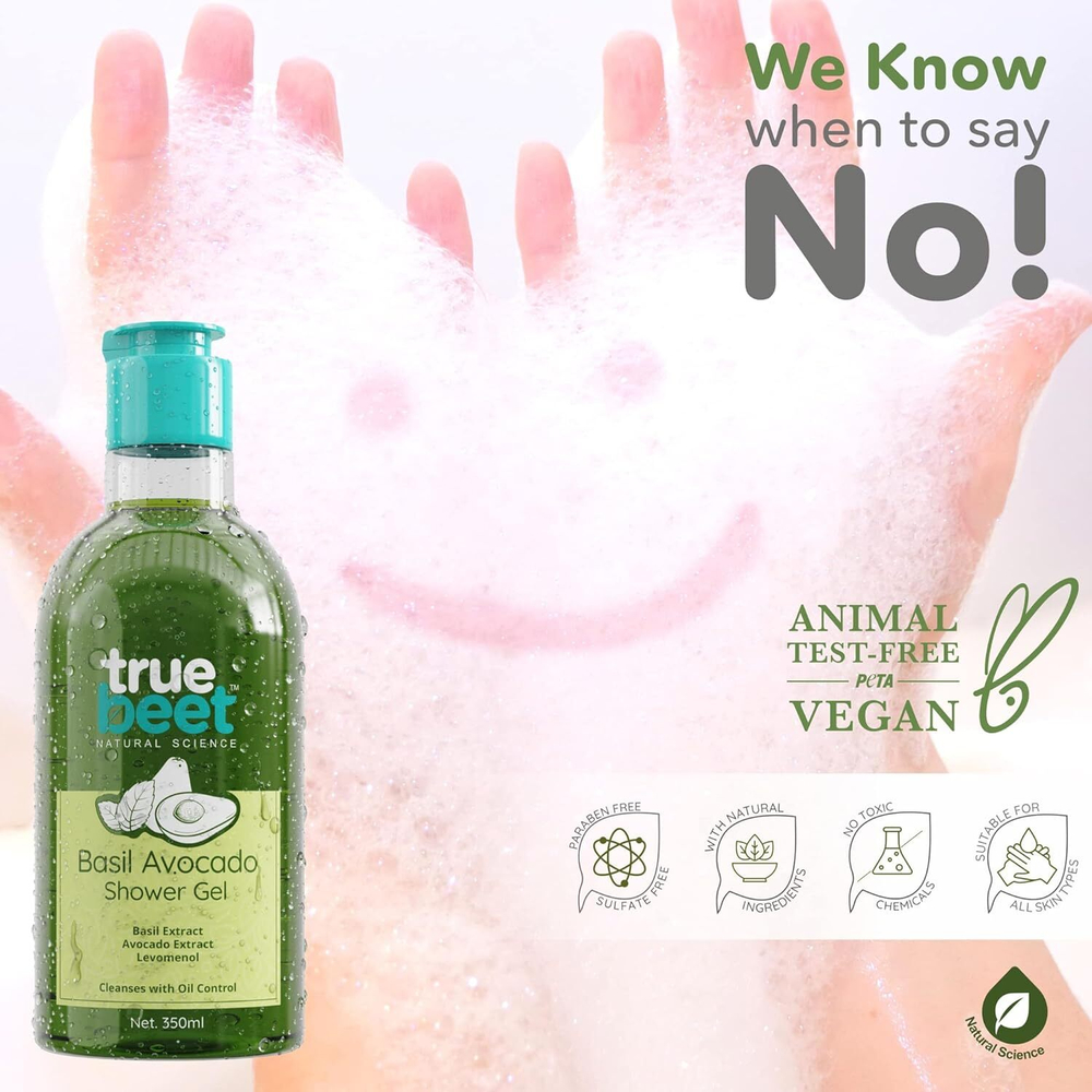 Гель для душа Truebeet Basil Avocado Body Wash для очищения кожи с контролем жирности, содержащий экстракты базилика, авокадо и левоменола (350 мл)