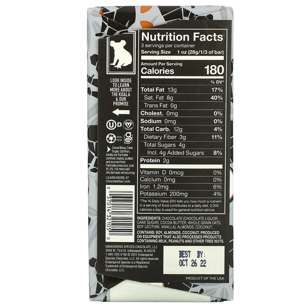 Endangered Species Chocolate, Овсяное молоко, кокос и миндаль + темный шоколад, 75% какао, 85 г (3 унции)