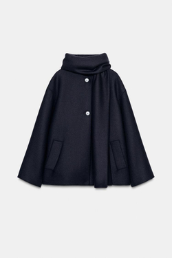 ZARA КОРОТКОЕ ПАЛЬТО ИЗ СМЕСОВОЙ ШЕРСТИ С ШАРФОМ, МОРСКОЙ СИНИЙ