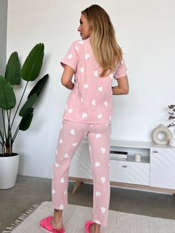 Пижама муслин бел. сердечки на розовом (рубашка+брюки)