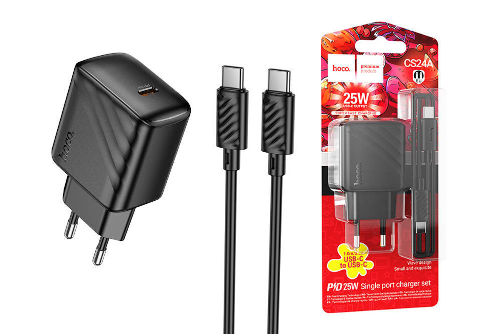 Сетевое зарядное устройство с кабелем Type-C/Type-C 3А PD 25W 1гн-USB 1-метр HOCO CS24A черный