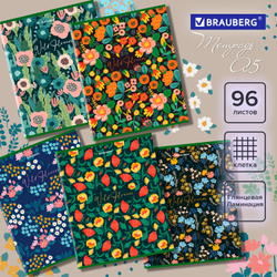 Тетрадь А5, 96 л., BRAUBERG, скоба, клетка, глянцевая ламинация, "Wild Flowers", 404429