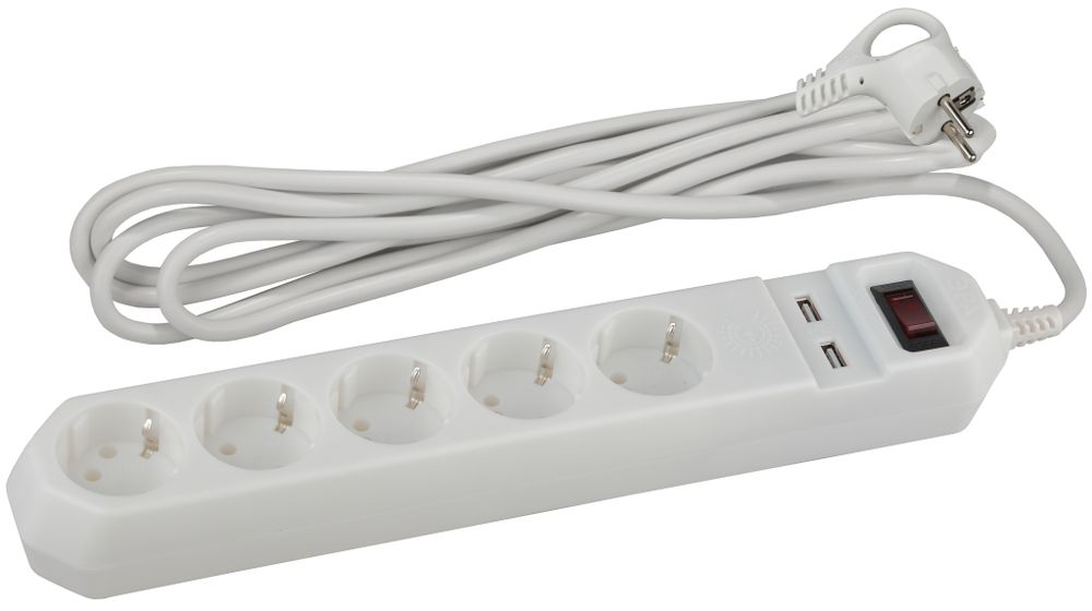 Сетевой фильтр ЭРА USF-5es-1.5m-USB-W (белый) с заземл, 3x0,75мм