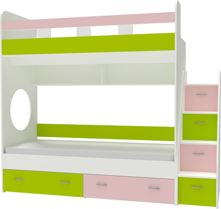 Двухъярусная кровать КарИВи Юниор 1 80x160 Белый  Розовй, Лайм