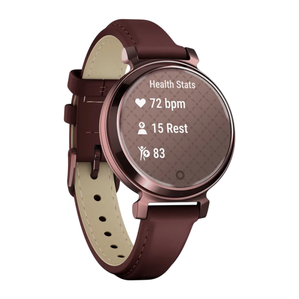 Спортивные часы Garmin Lily 2 Classic, кожаный ремешок цвета «красная шелковица» Безель из алюминия тёмно-бронзового цвета, стекло Gorilla Glass. Ремешок с классической застёжкой — на запястье обхватом 110–175 мм