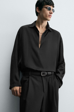 ZARА АТЛАСНАЯ РУБАШКА-ПОЛО, ЧЕРНЫЙ