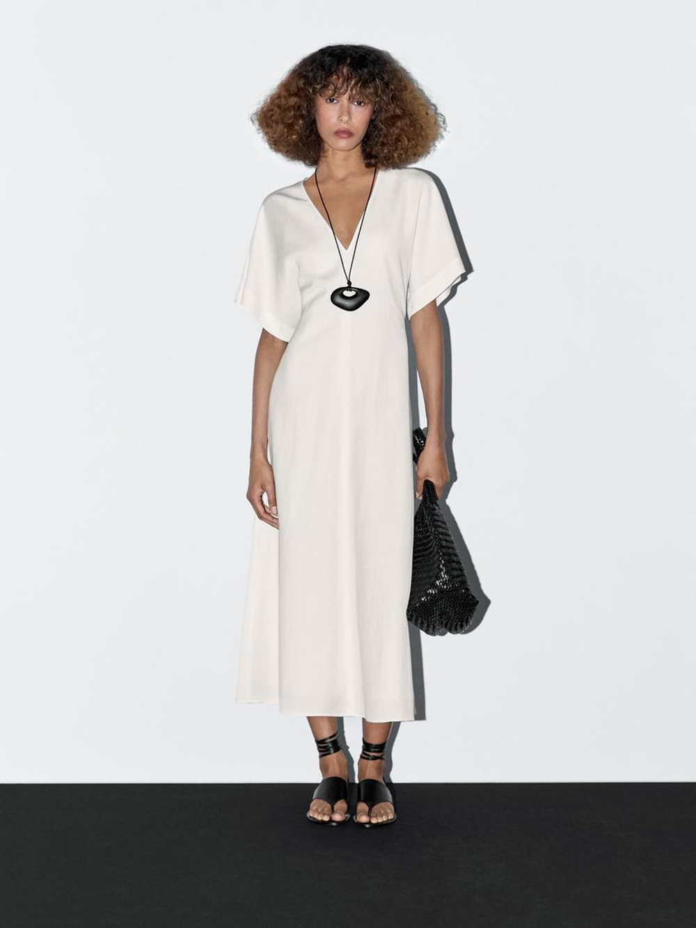 Massimo Dutti Платье миди А-силуэта с V-образным вырезом, натуральный, кремовый