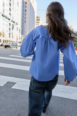 ZARA РУБАШКА ИЗ ПОПЛИНА С ОБЪЕМНЫМИ РУКАВАМИ, ГОЛУБОЙ