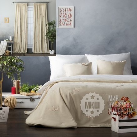 Готовые шторы и покрывало с вышивкой: ЛИБЕРТТ (арт. BL10-264-02) - (145х270)х2 см., покрывало 230х250 см. - сливочный