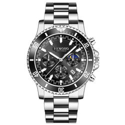 RENOVO Green Water God Quartz Movement Stainless Steel Watchband Watch Men"s Watches Black Dial