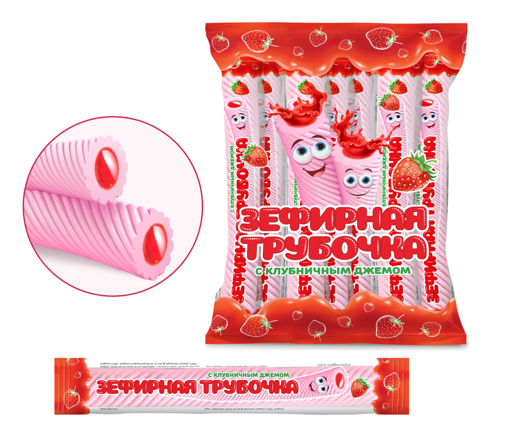 ЗЕФИРНАЯ ТРУБОЧКА с клубничным джемом в пакете , блок 30шт. (15г х 30шт х 20бл)